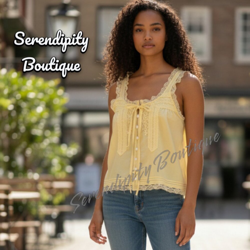 Boho Buttercup Yellow Linen Lace Feminine Peasant Sleeveless Top Blouse - Picture 3 of 11